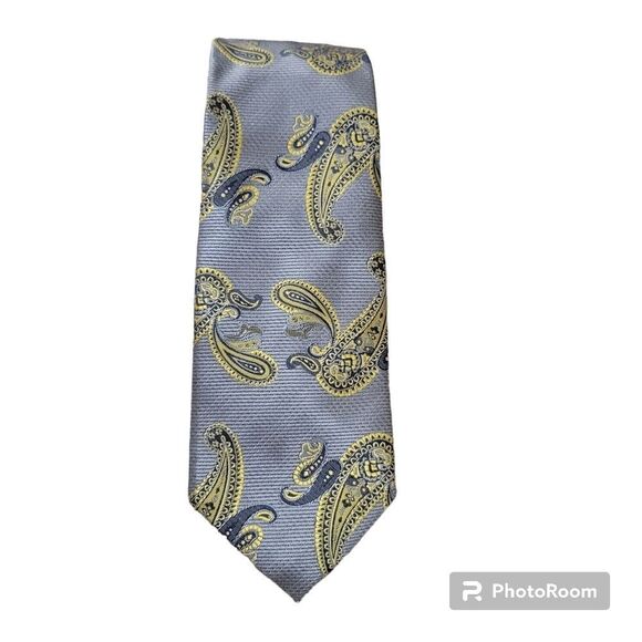 Dmitry Imani Mens Silk Necktie Italy Paisley Silver Yellow 60" - Picture 1 of 3
